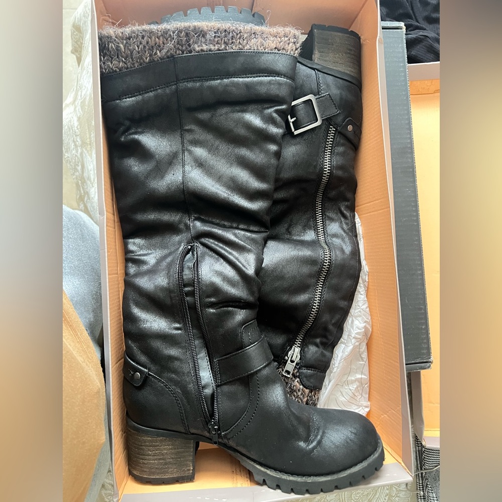 Crown Vintage Black Boots, Suede Knee High Biker Boots. - Picture 3 of 7